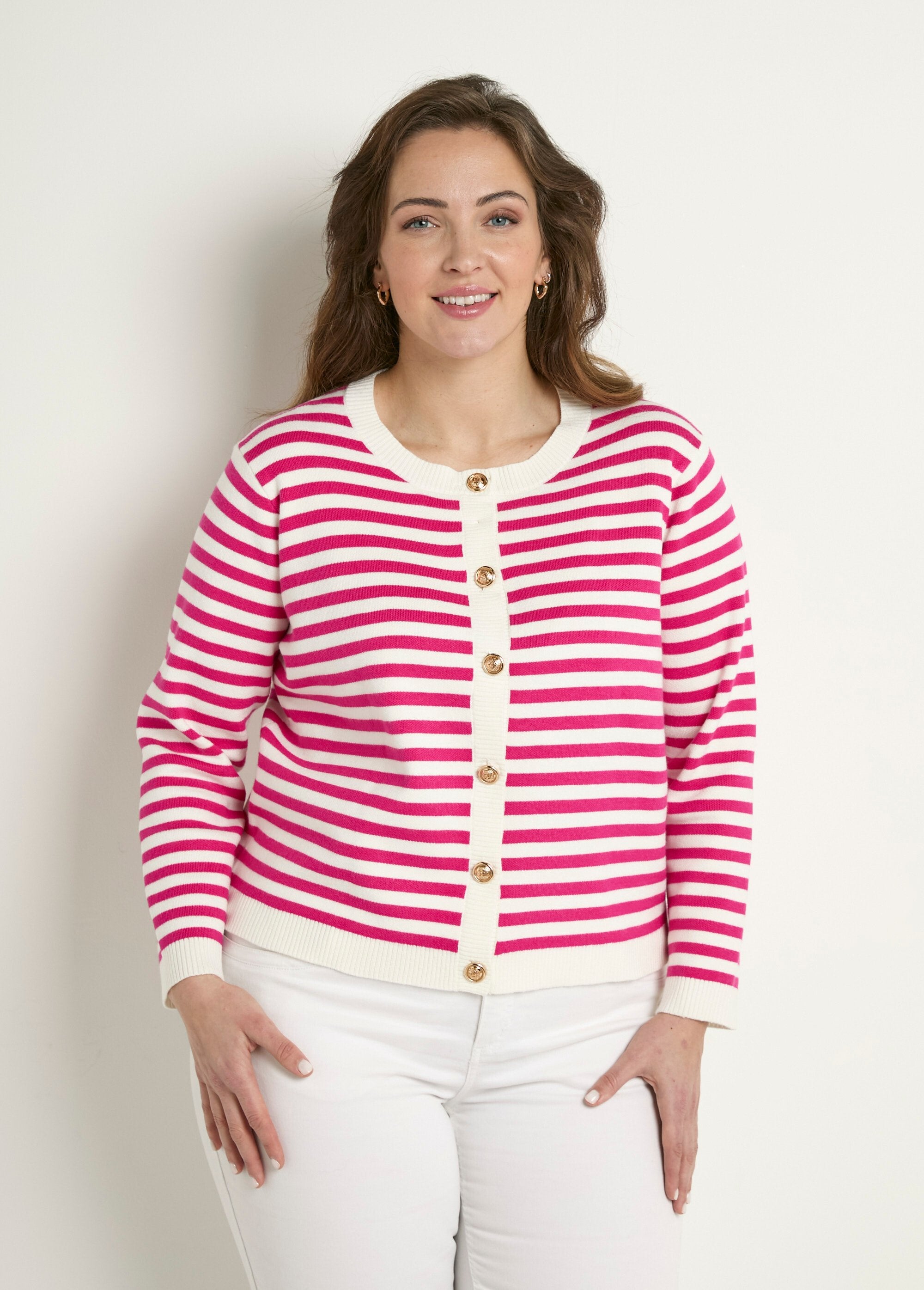 Striped_round_neck_buttoned_short_cardigan_vest_Fuchsia_stripe_FA1_curvy