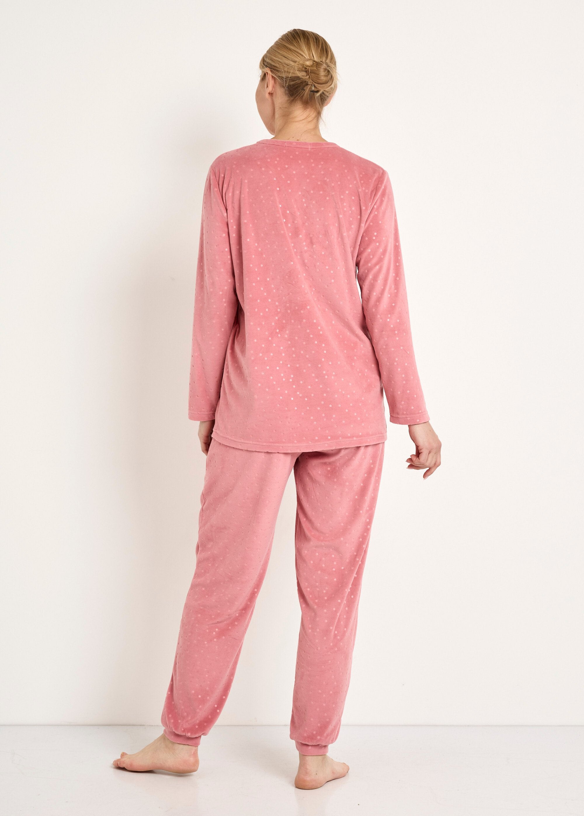 Pyjama_pants_round_neck_velvet_embossed_polka_dots_Pink_DO1_slim