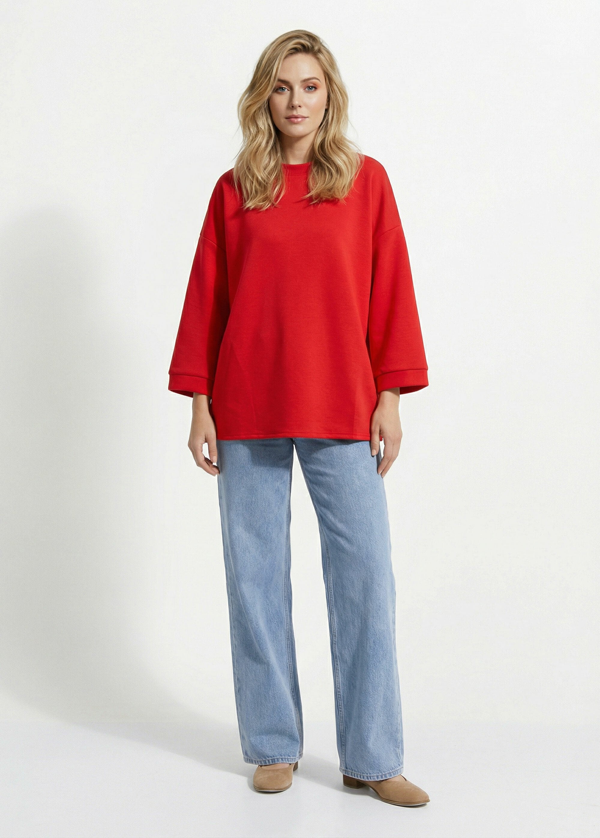 Wide_round_neck_sweatshirt,_3/4_sleeves_Red_SF1_slim