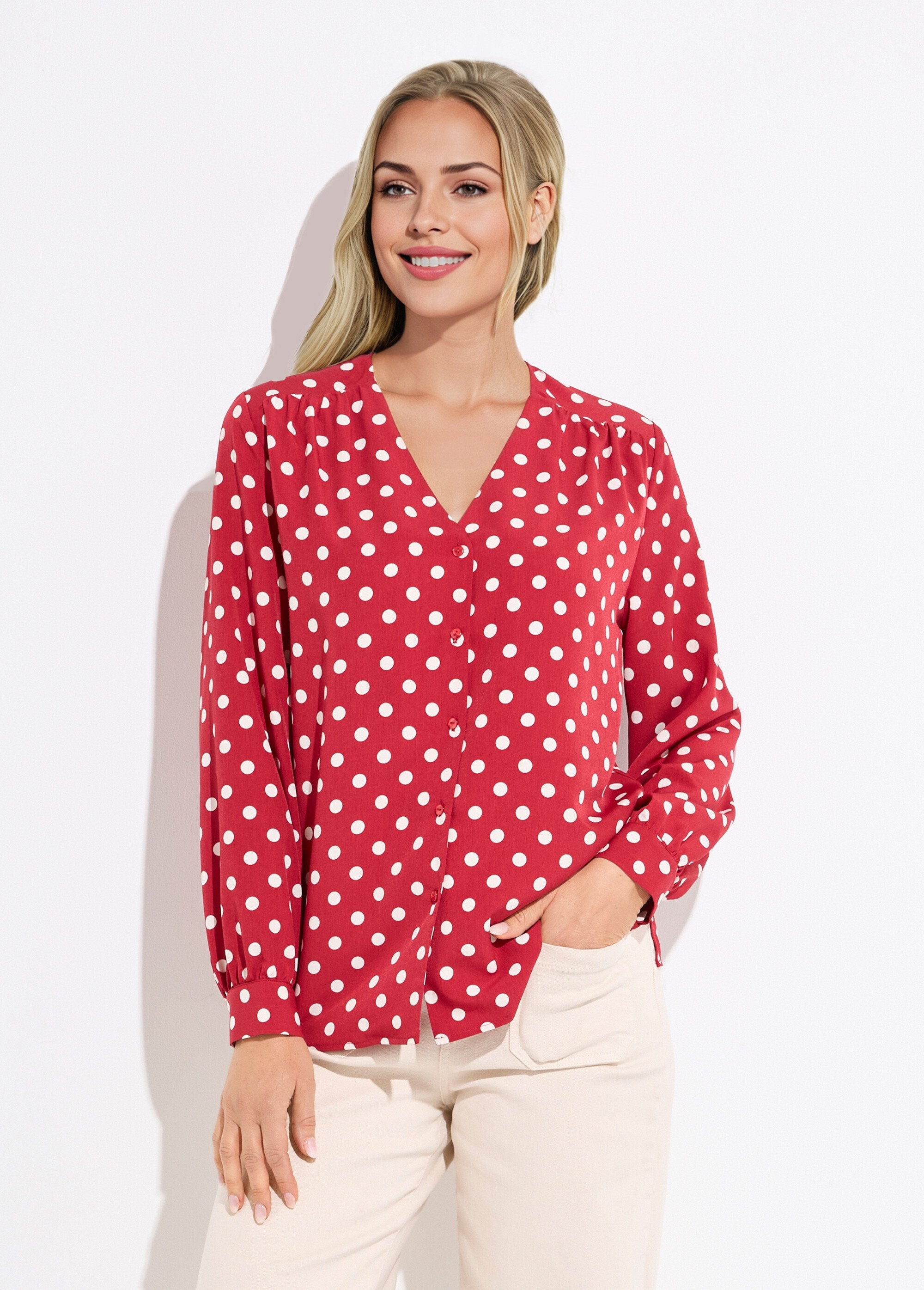 Long_sleeve_polka_dot_print_V-neck_blouse_Bordeaux_and_ecru_FA1_slim