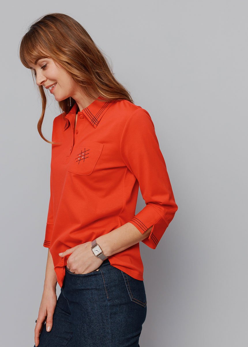 3/4_sleeve_polo_shirt_with_stitching_details_Red_DR1_slim