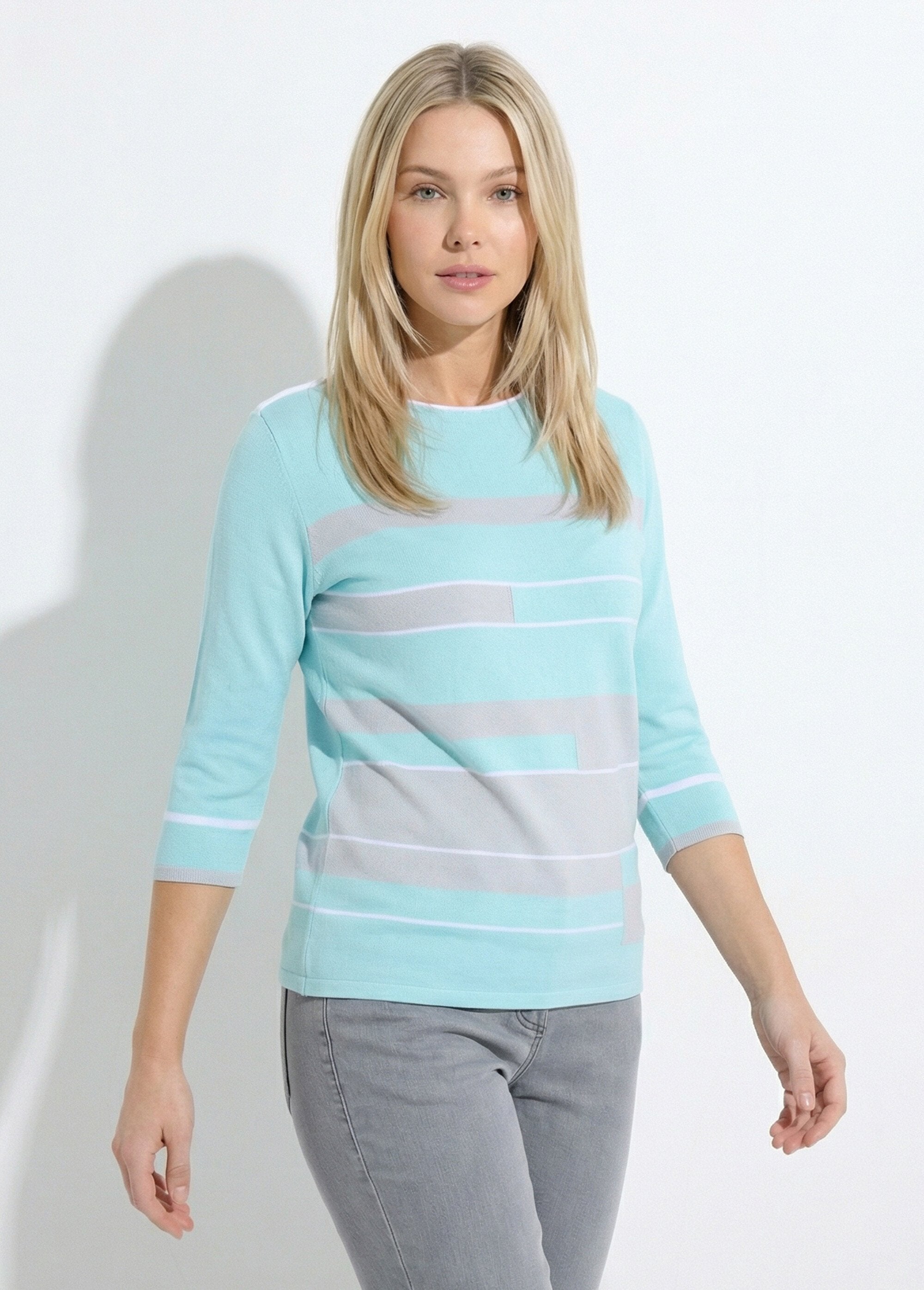 3/4_sleeve_boat_neck_sweater_with_striped_jacquard_front_Aqua_and_grey_FA1_slim