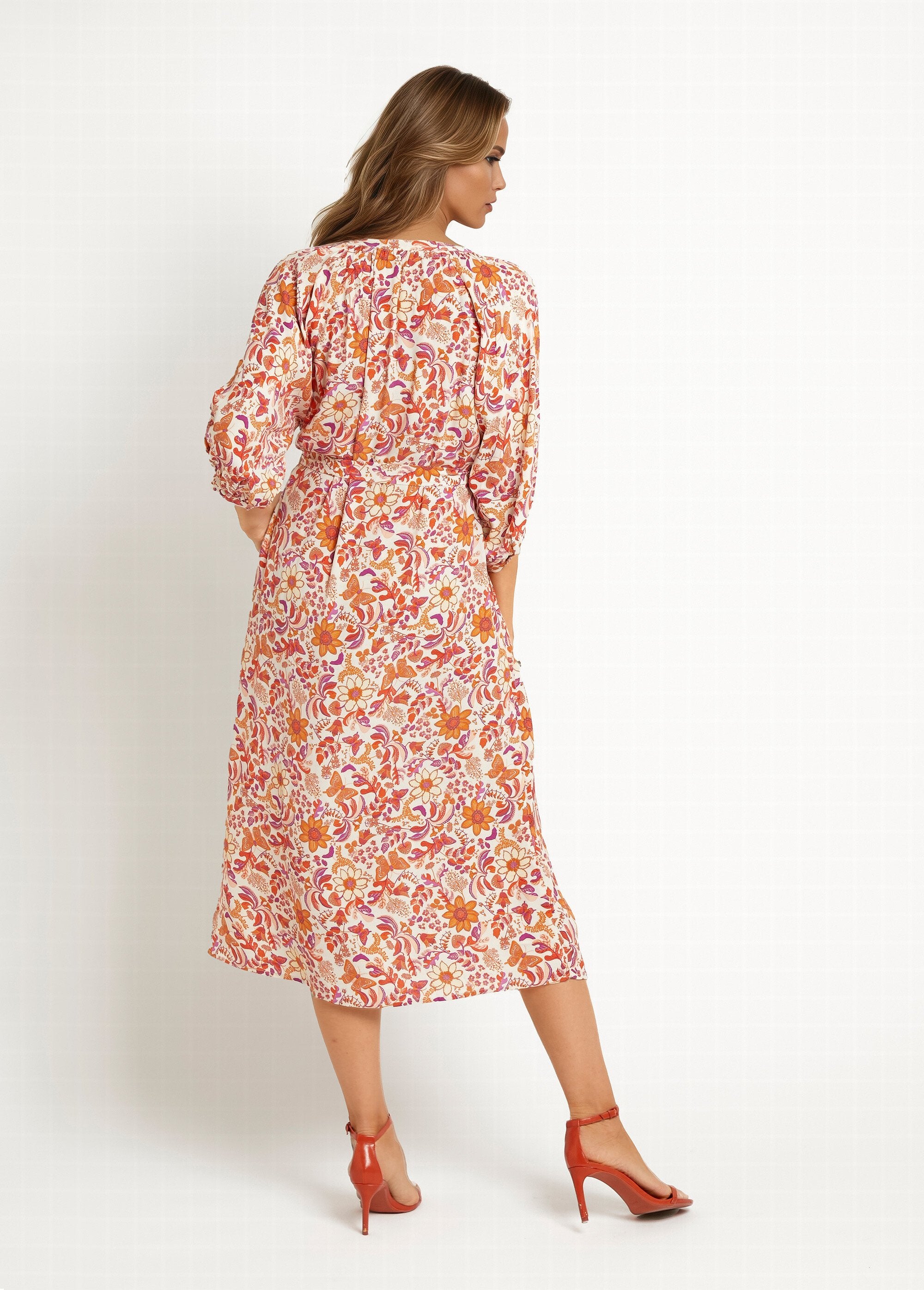 Long_buttoned_dress_with_3/4_sleeves_Orange_prints_DO1_slim