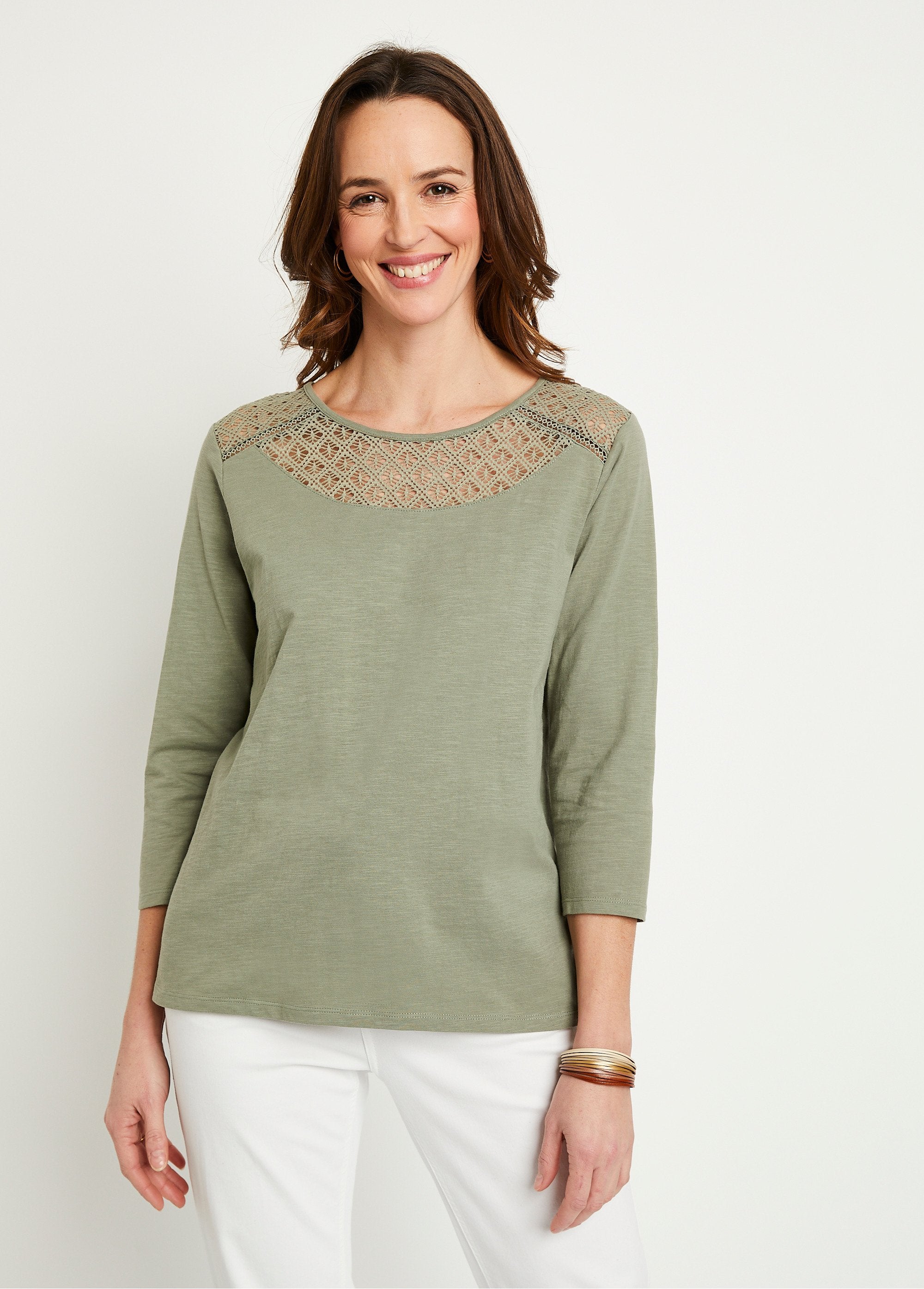 Cotton_and_lace_3/4_sleeve_t-shirt_Khaki_FA1_slim