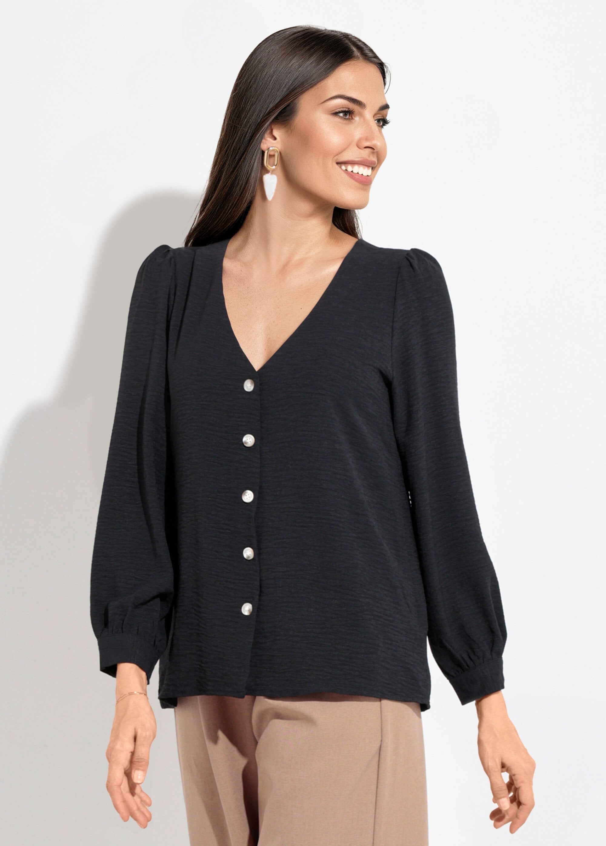Buttoned,_embossed_tunic_with_V-neck_Black_FA1_slim
