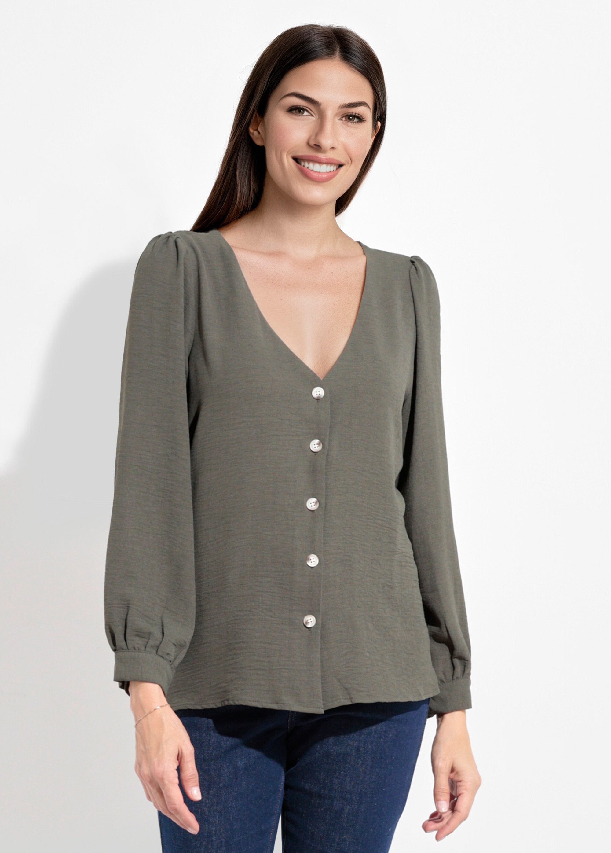 Buttoned,_embossed_tunic_with_V-neck_Khaki_FA1_slim